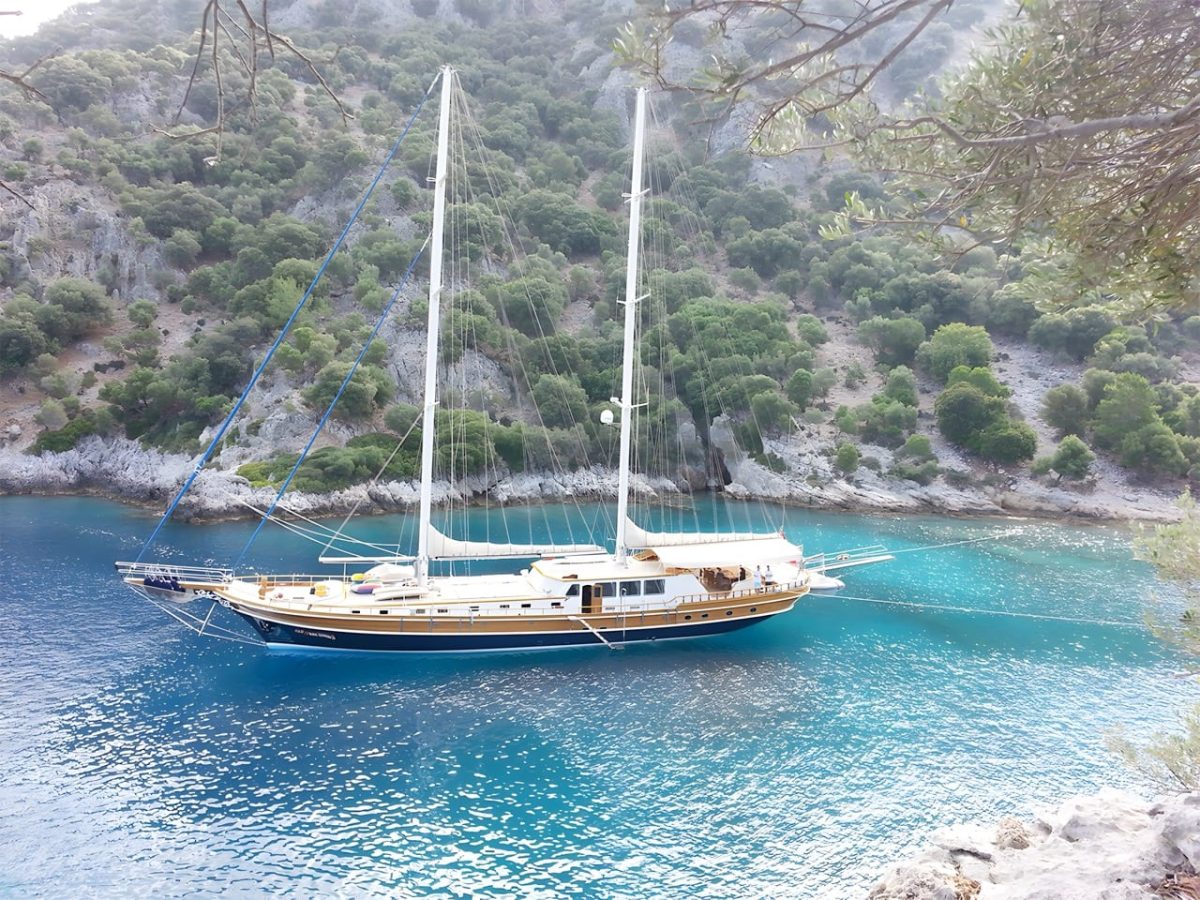 Kaya Guneri IV anchored in a turquoise cove below a rocky slope of olive and pine, seen through overhanging branches