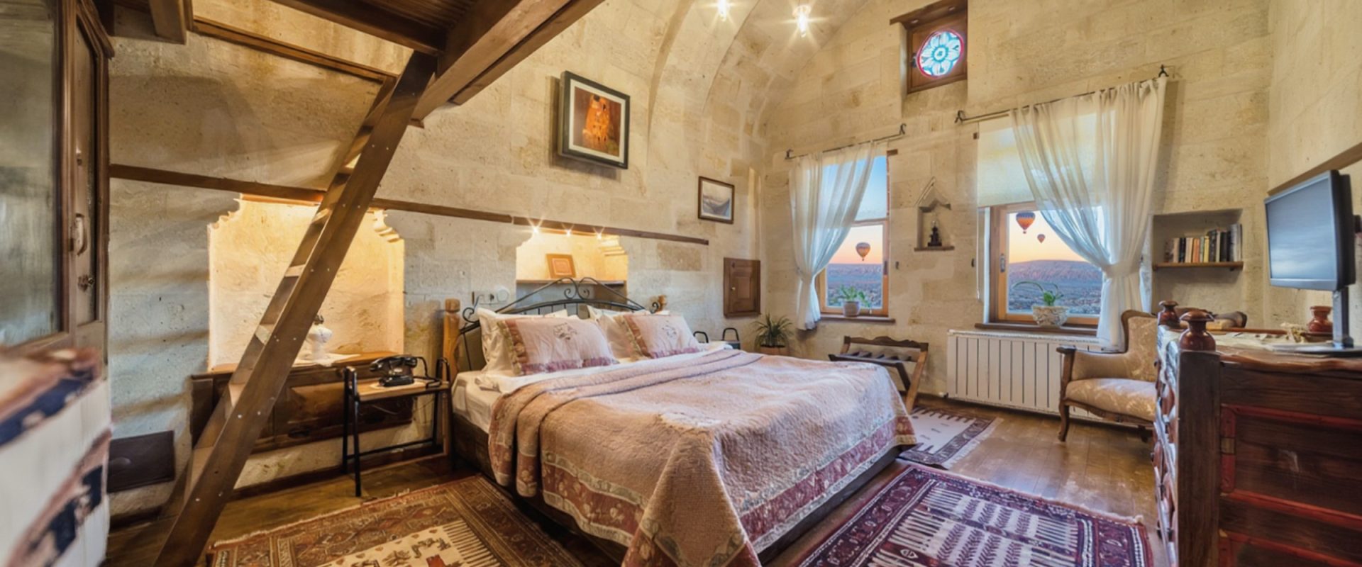 A cave hotel bedroom carved from soft rock, its windows framing hot air balloons rising over Cappadocia at dawn