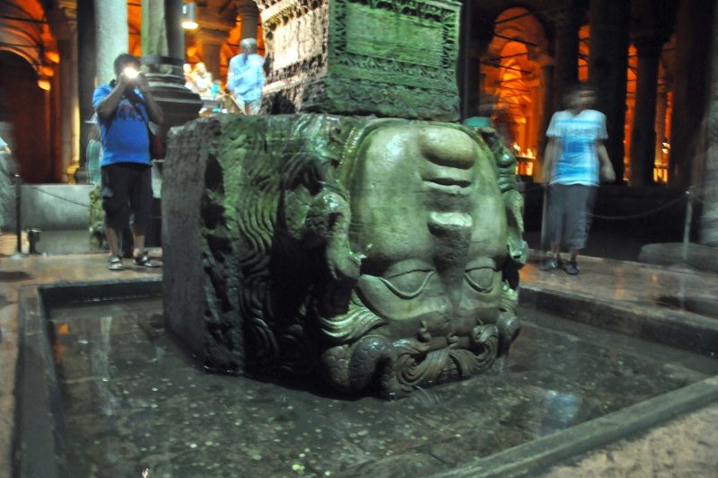 The Medusa head at the foot of a column in the Basilica Cistern
