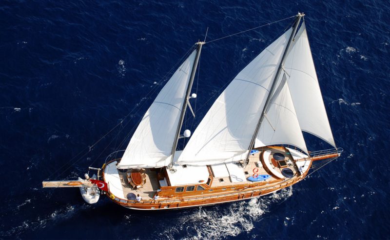 A gulet under full sail on deep blue water, seen from above.